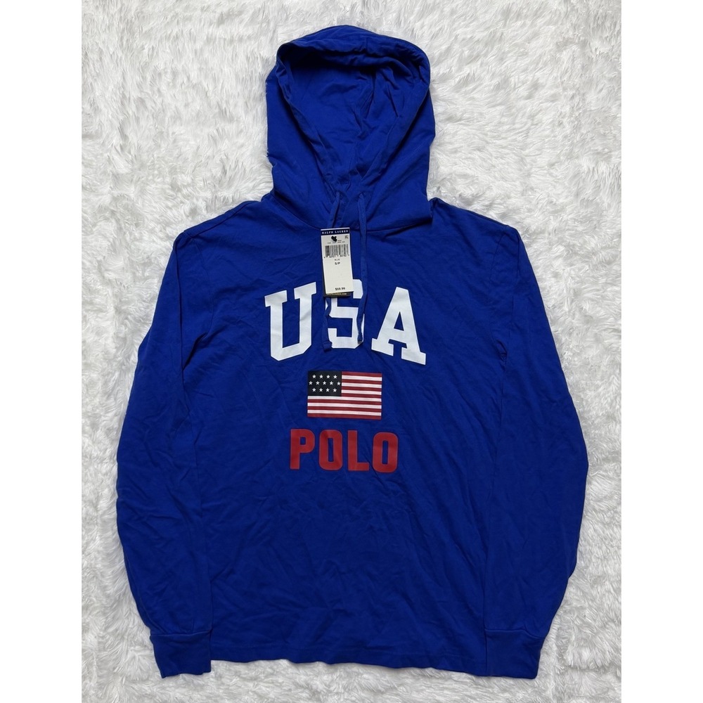 Polo Ralph Lauren Hoodie Mens Small Blue USA American Flag Sweatshirt Casual
